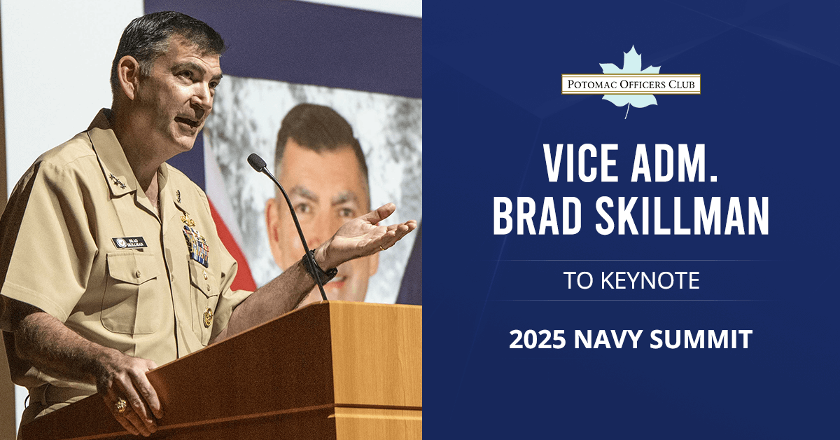 Graphic of Navy Vice Adm. Brad Skillman. He's giving a keynote address at the 2025 Navy Summit on August 26.