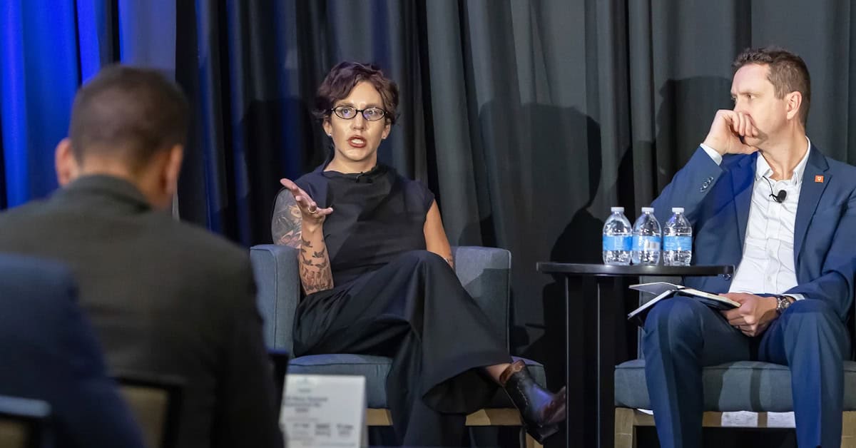 Amina Al Sherif and Nick Weir. The Google and Legion Intelligence execs, respectively, spoke on a panel at the 2026 Navy Summit.